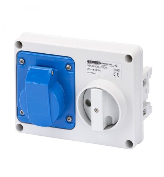 GW66104 Tomada fixa. horiz. c/ int. 16A-220V-2P+T IP44
