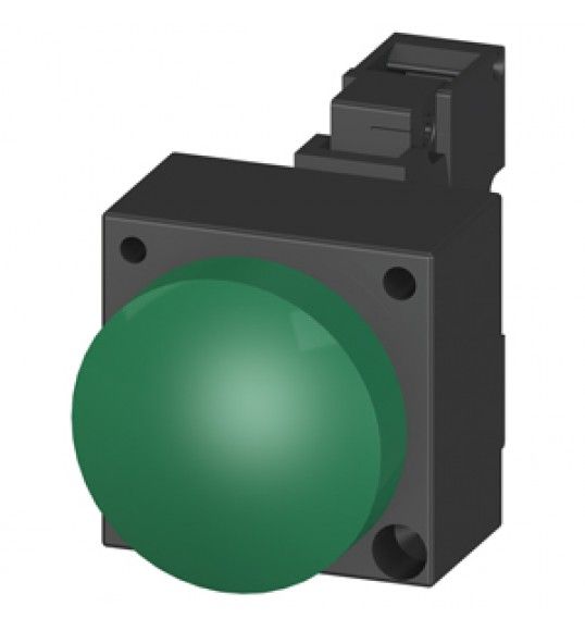 3SB3204-6AA40 LEUCHTMELDER, 22MM, RUND, KUNSTSTOFF, GRUEN, LINSE, GLATT, MIT HALTER, LAMPENFASSUNG B