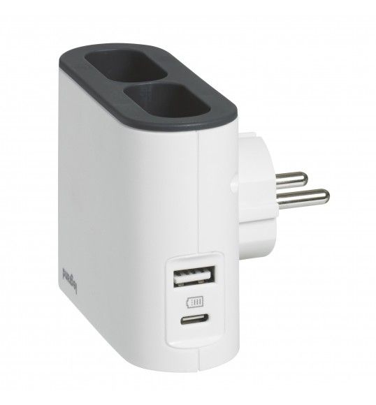 049401 Plug 2X2P 6A, USB A+C, White/Grey