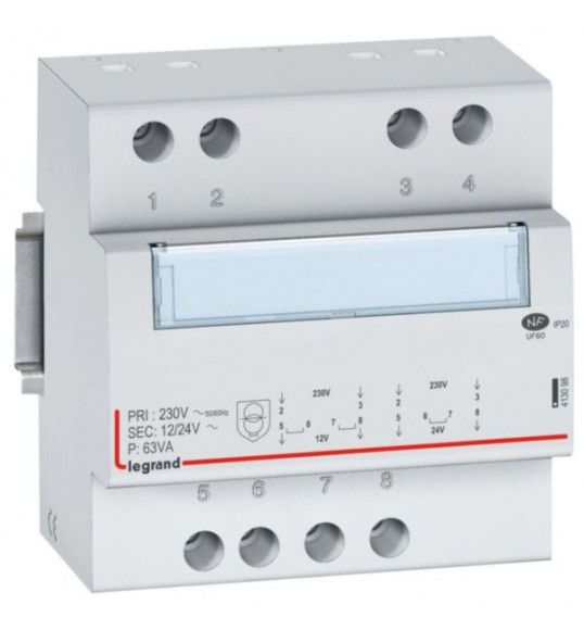 413098 Sicherheitstransformator, Prim. 230 V/50 Hz, Sek.12V AC oder 24V AC, 63VA, 5TE