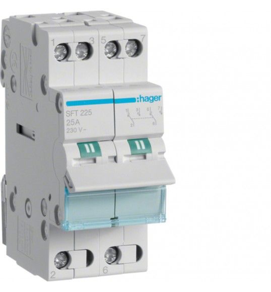 SFT225 Hager Conmut. mod., 2P,25A,comn arriba,I-0-II