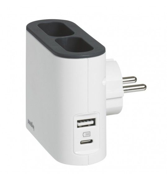 049401 FICHA 2X2P 6A, USB A+C, BRANCO/CINZENTO