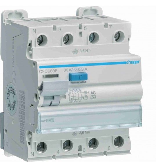 CFC680F Hager Fehlerstromschutzschalter 4P 80A 300mA Typ AC 4M