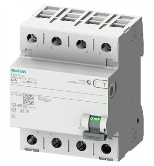 5SV3646-4 FI-Schutzschalter, 4-polig, Typ B, kurzzeitverz�gert, In: 63 A, 300 mA, Un AC: 400 V SIGRE