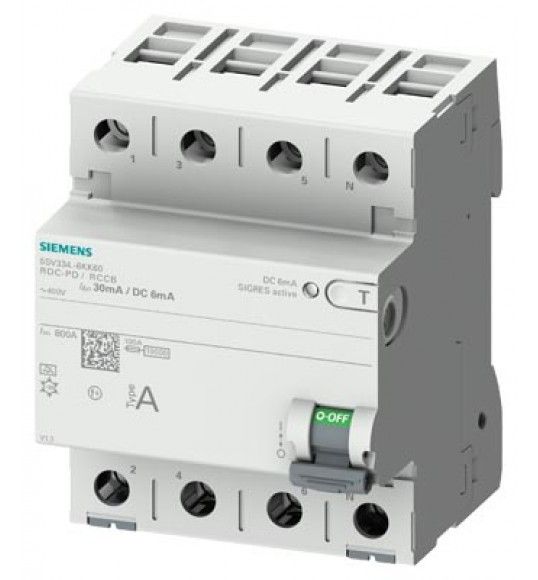 5SV3344-6KK60 RCCB 4-pole, Type A, In: 40A, 30mA, 6mA DC