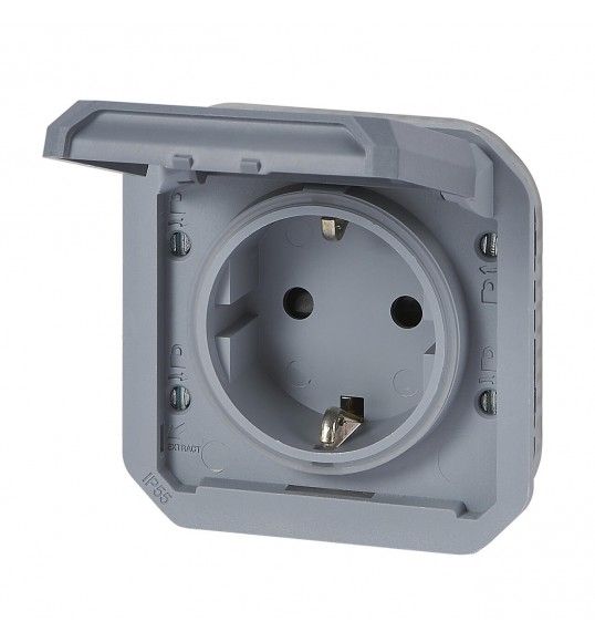 069571L Plexo New Einsatz Schutzkontakt-Steckdose, Schraubklemmen, EB, IP44, IK 08, Grau